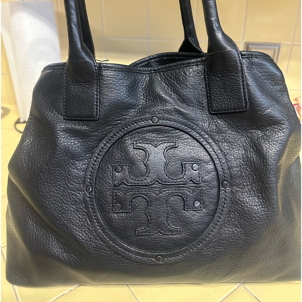 Tory Burch black pebble leather tote